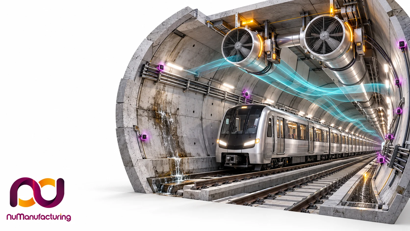 Metro tünelinde havalandırma, su sızıntısı ve sensör yerleşimini gösteren temsili Numanufacturing çözüm görseli.